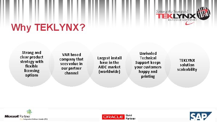 Why TEKLYNX? Strong and clear product strategy with flexible licensing options VAR based company