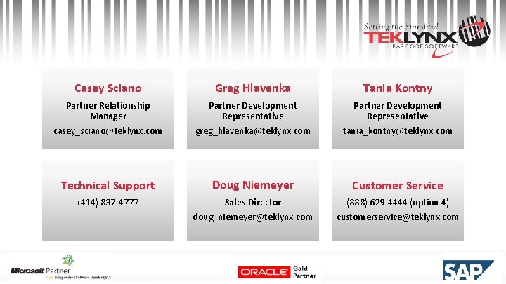 Casey Sciano Greg Hlavenka Tania Kontny Partner Relationship Manager casey_sciano@teklynx. com Partner Development Representative