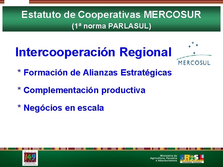 Estatuto de Cooperativas MERCOSUR (1ª norma PARLASUL) Intercooperación Regional * Formación de Alianzas Estratégicas