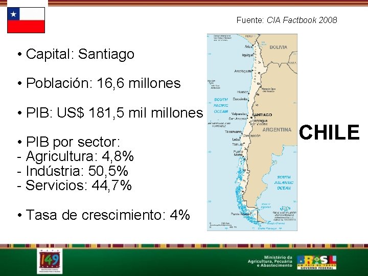 Fuente: CIA Factbook 2008 • Capital: Santiago • Población: 16, 6 millones • PIB: