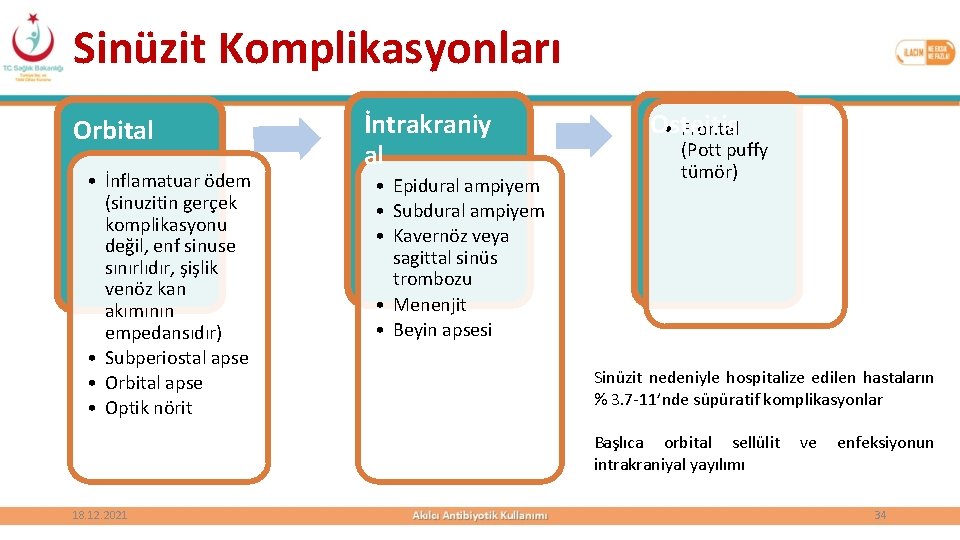 Sinüzit Komplikasyonları Orbital • İnflamatuar ödem (sinuzitin gerçek komplikasyonu değil, enf sinuse sınırlıdır, şişlik