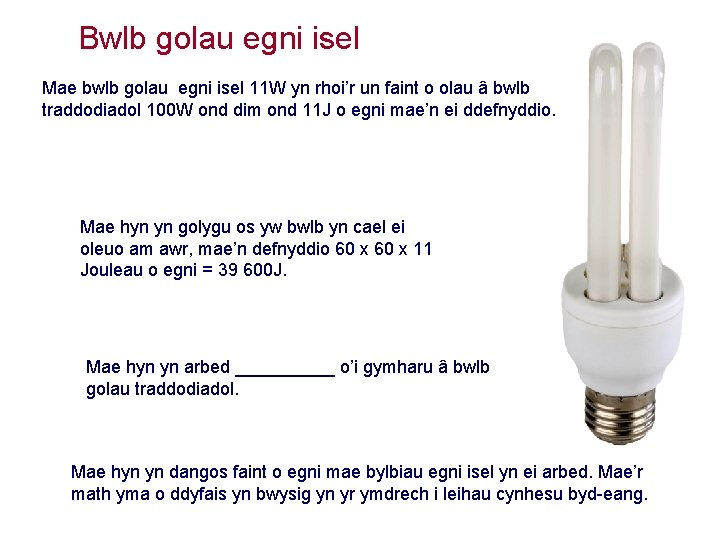 Bwlb golau egni isel Mae bwlb golau egni isel 11 W yn rhoi’r un