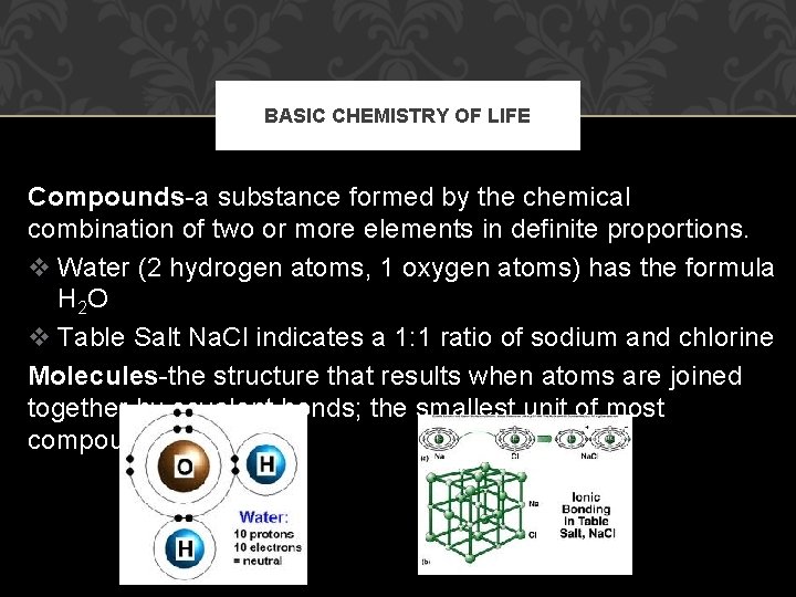 BASIC CHEMISTRY OF LIFE Compounds-a substance formed by the chemical combination of two or