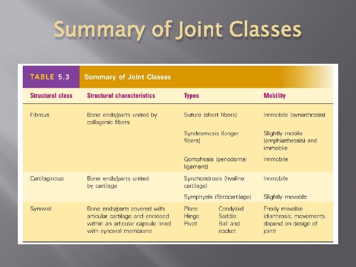 Summary of Joint Classes 