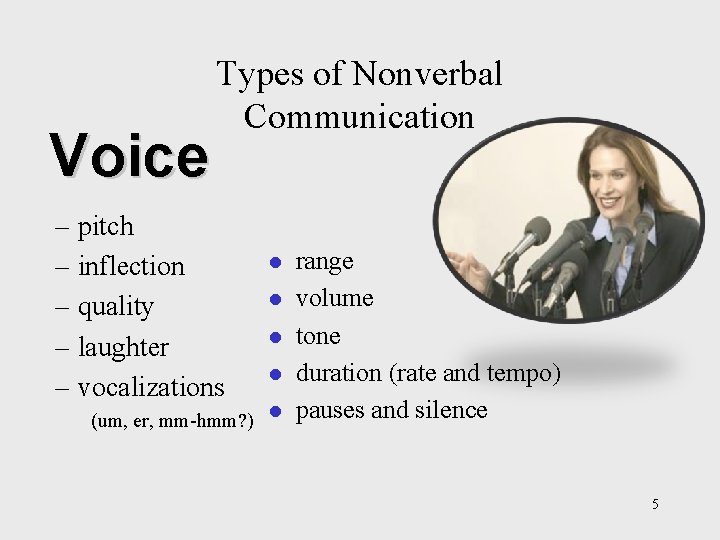 Voice Types of Nonverbal Communication – pitch – inflection – quality – laughter – Voice Types of Nonverbal Communication – pitch – inflection – quality – laughter –