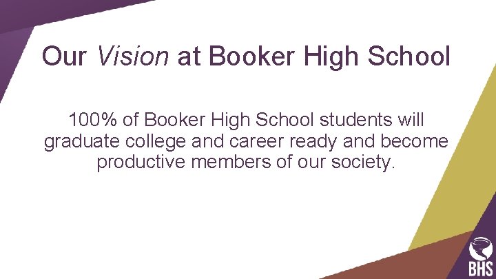 Our Vision at Booker High School 100% of Booker High School students will graduate