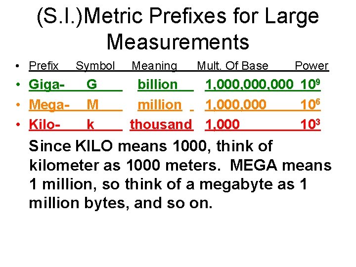 (S. I. )Metric Prefixes for Large Measurements • Prefix • Giga • Mega •