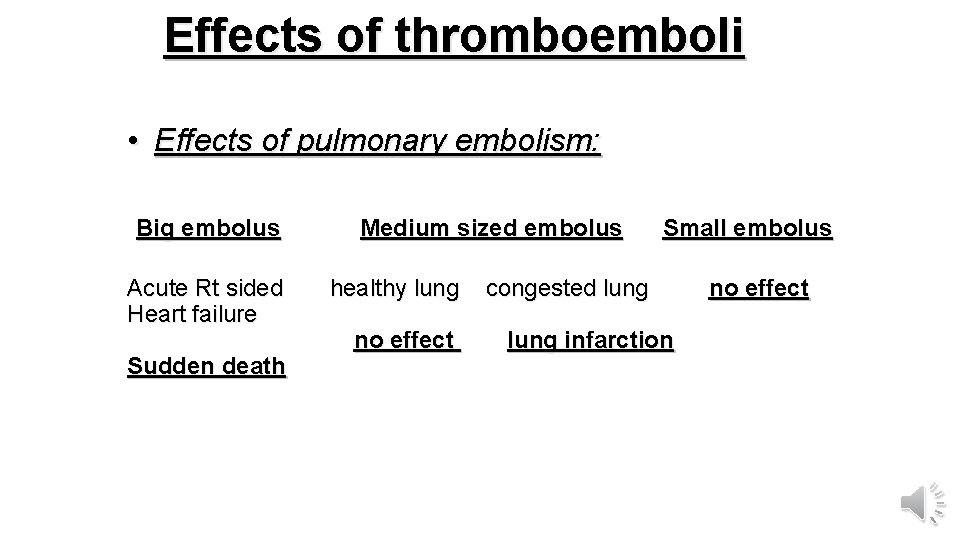 Effects of thromboemboli • Effects of pulmonary embolism: Big embolus Acute Rt sided Heart