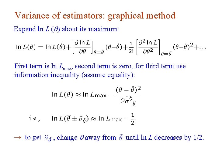 Variance of estimators: graphical method Expand ln L ( ) about its maximum: First