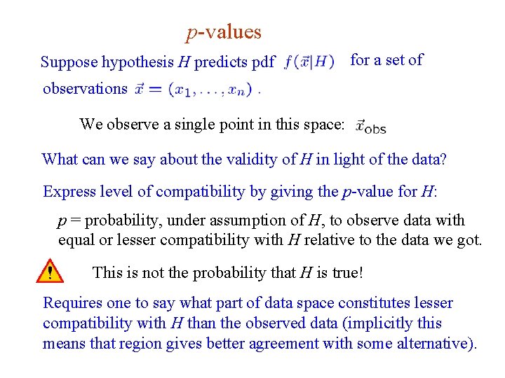 p-values Suppose hypothesis H predicts pdf for a set of observations We observe a