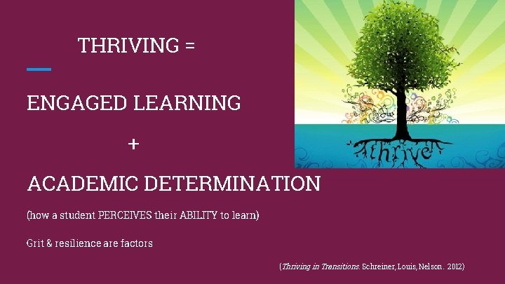 THRIVING = ENGAGED LEARNING + ACADEMIC DETERMINATION (how a student PERCEIVES their ABILITY to