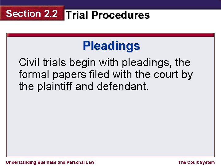 Section 2. 2 Trial Procedures Pleadings Civil trials begin with pleadings, the formal papers