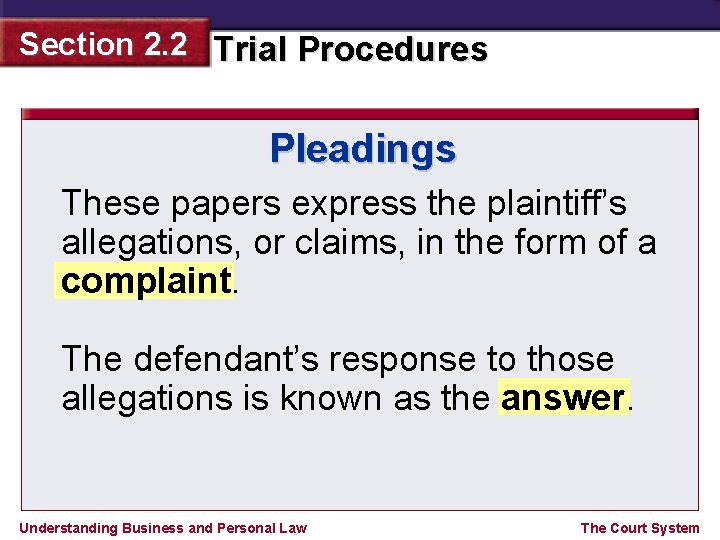 Section 2. 2 Trial Procedures Pleadings These papers express the plaintiff’s allegations, or claims,