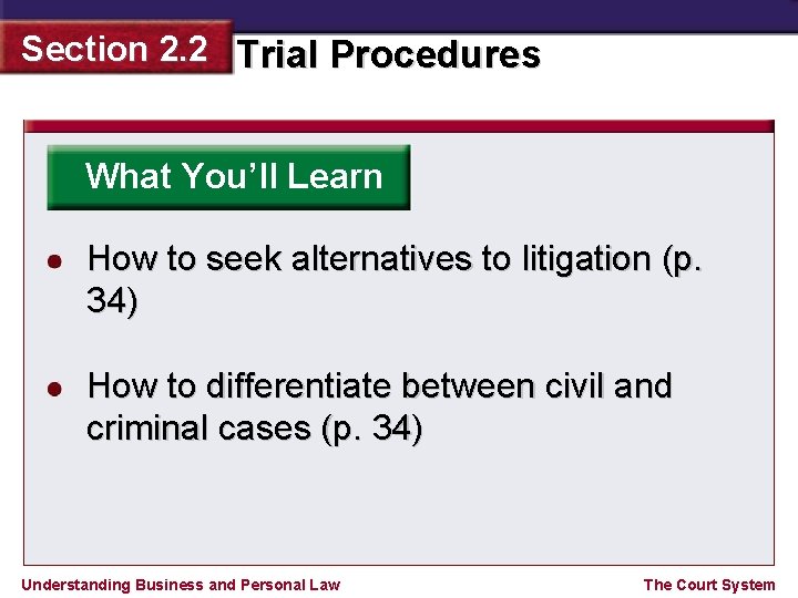 Section 2. 2 Trial Procedures What You’ll Learn How to seek alternatives to litigation