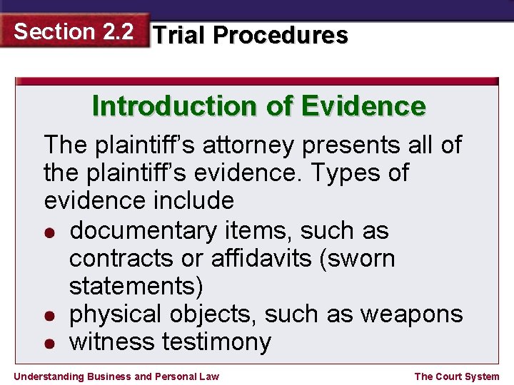 Section 2. 2 Trial Procedures Introduction of Evidence The plaintiff’s attorney presents all of