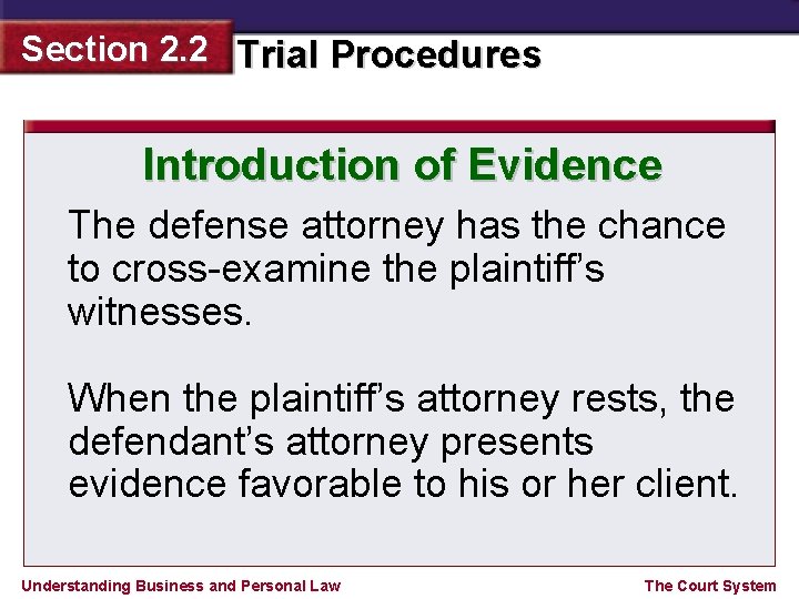 Section 2. 2 Trial Procedures Introduction of Evidence The defense attorney has the chance