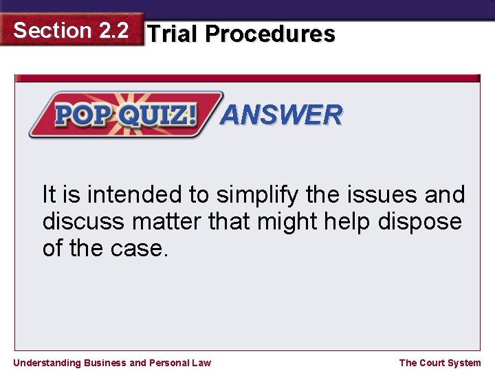 Section 2. 2 Trial Procedures ANSWER It is intended to simplify the issues and