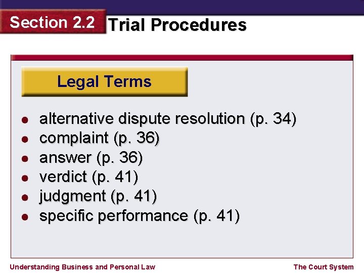 Section 2. 2 Trial Procedures Legal Terms alternative dispute resolution (p. 34) complaint (p.