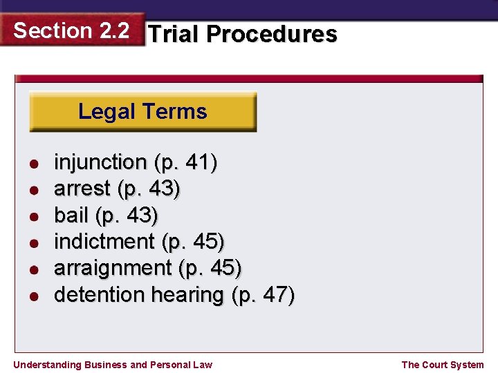 Section 2. 2 Trial Procedures Legal Terms injunction (p. 41) arrest (p. 43) bail