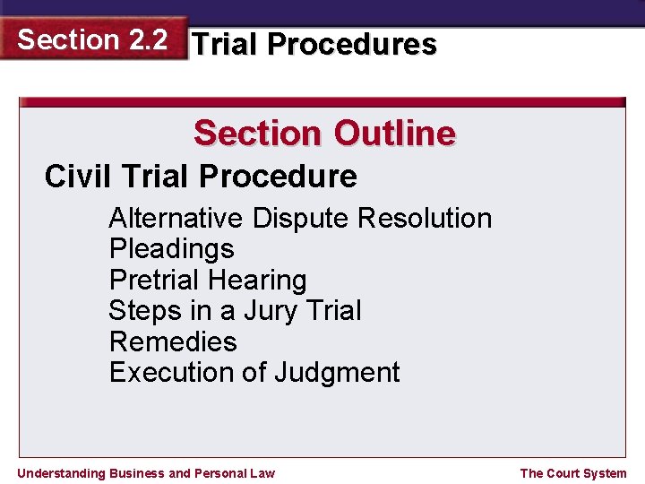 Section 2. 2 Trial Procedures Section Outline Civil Trial Procedure Alternative Dispute Resolution Pleadings