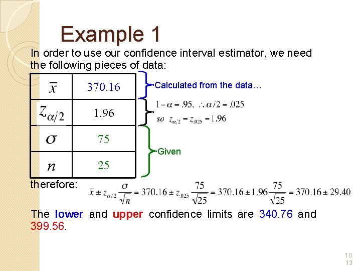 Example 1 In order to use our confidence interval estimator, we need the following