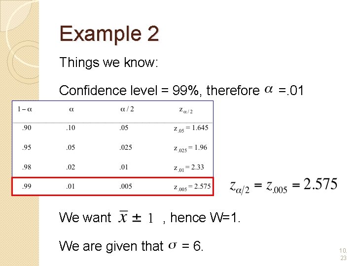 Example 2 Things we know: Confidence level = 99%, therefore We want =. 01