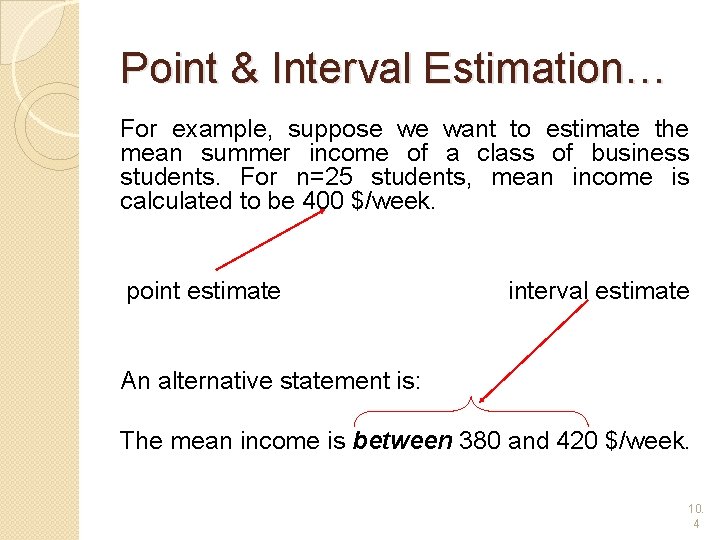 Point & Interval Estimation… For example, suppose we want to estimate the mean summer