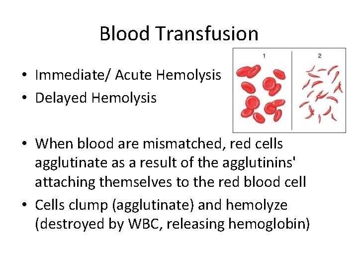 Blood Transfusion • Immediate/ Acute Hemolysis • Delayed Hemolysis • When blood are mismatched,