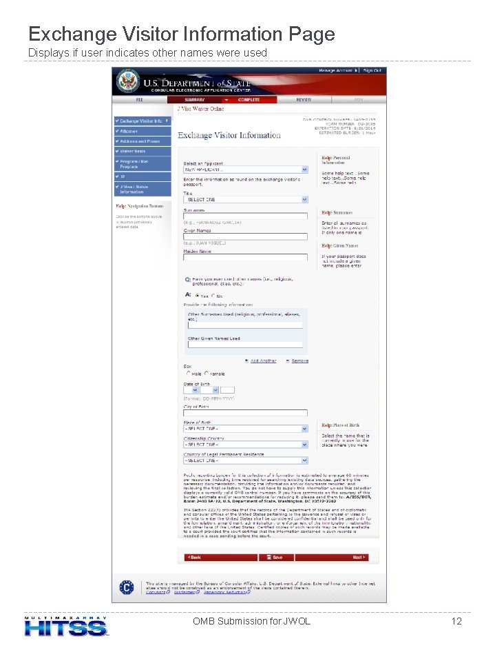 Exchange Visitor Information Page Displays if user indicates other names were used OMB Submission