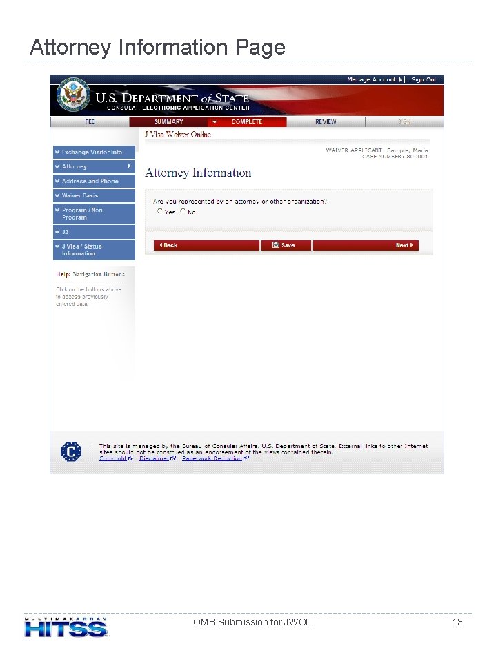 Attorney Information Page OMB Submission for JWOL 13 