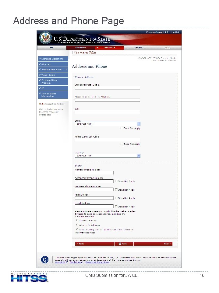 Address and Phone Page OMB Submission for JWOL 16 