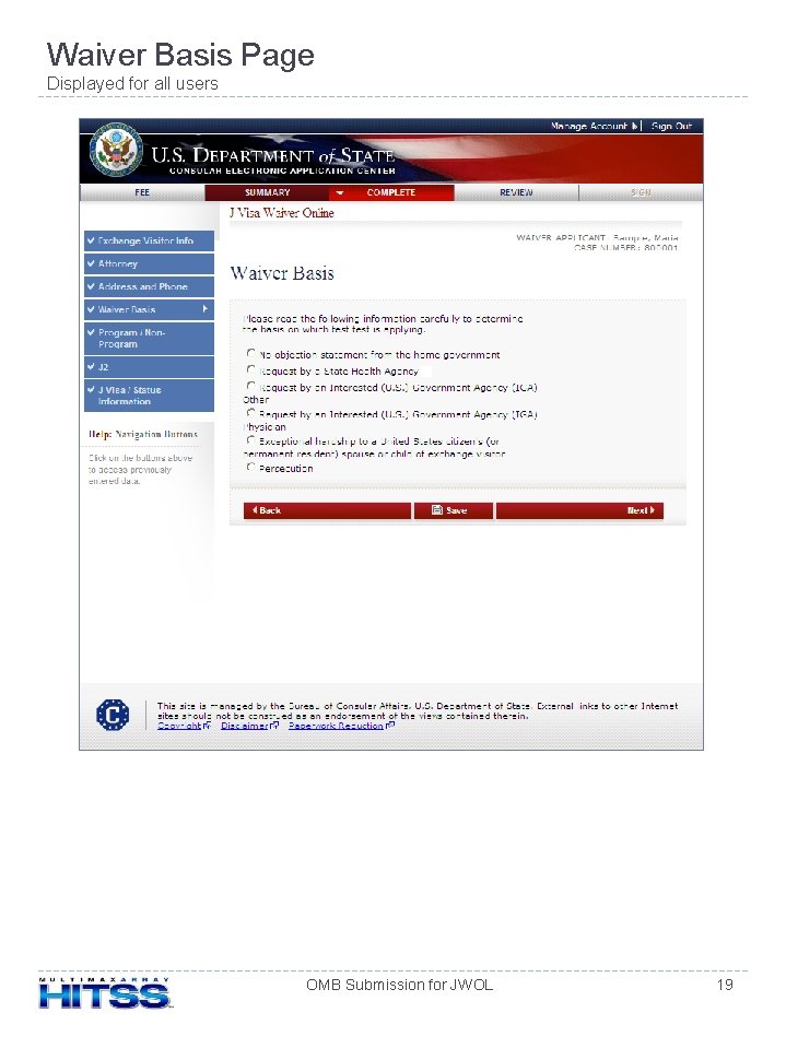 Waiver Basis Page Displayed for all users OMB Submission for JWOL 19 