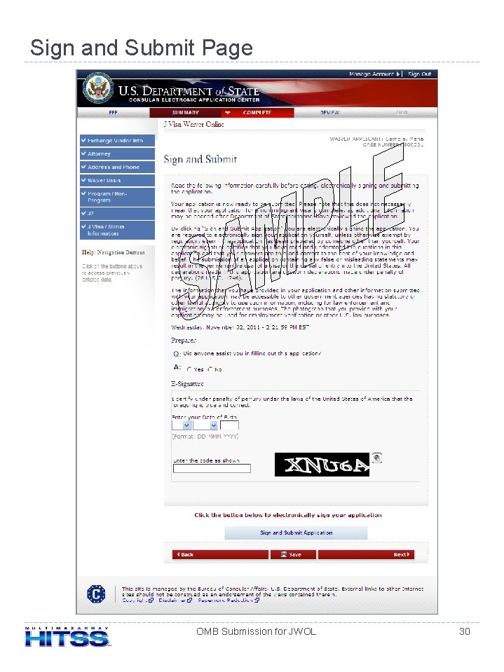 Sign and Submit Page OMB Submission for JWOL 30 