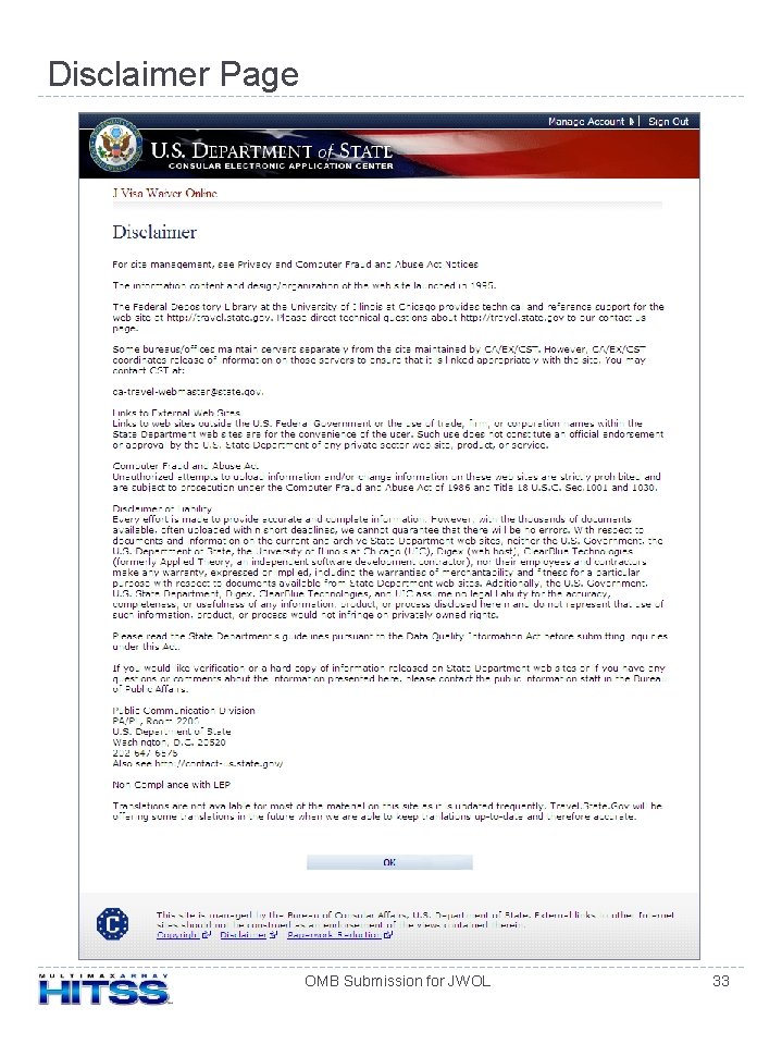 Disclaimer Page OMB Submission for JWOL 33 