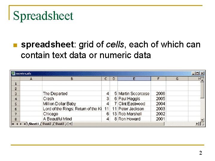 Spreadsheet n spreadsheet: grid of cells, each of which can contain text data or