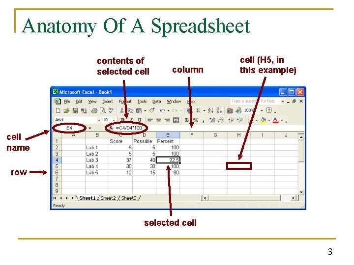 Anatomy Of A Spreadsheet contents of selected cell column cell (H 5, in this