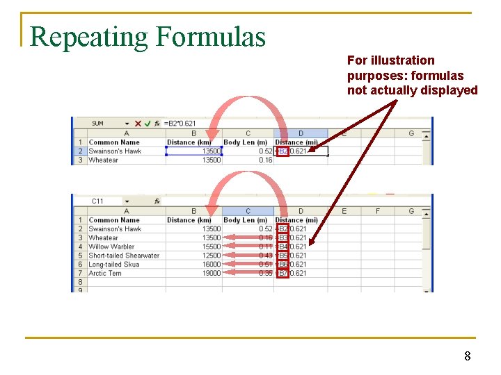 Repeating Formulas For illustration purposes: formulas not actually displayed 8 