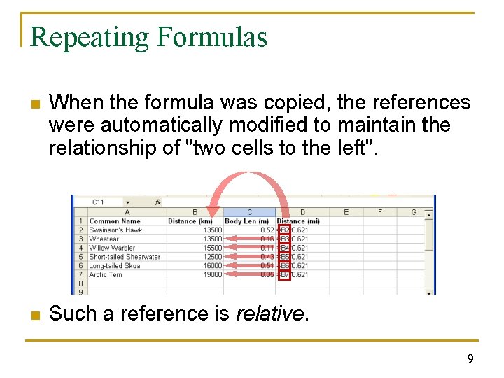 Repeating Formulas n When the formula was copied, the references were automatically modified to