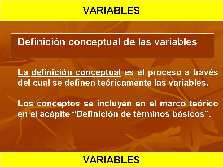 VARIABLES Definición conceptual de las variables La definición conceptual es el proceso a través