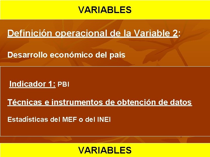 HIPOTESIS VARIABLES CIENTIFICA Definición operacional de la Variable 2: Desarrollo económico del país Indicador