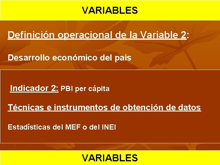 HIPOTESIS VARIABLES CIENTIFICA Definición operacional de la Variable 2: Desarrollo económico del país Indicador