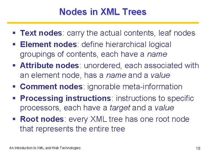Nodes in XML Trees § Text nodes: carry the actual contents, leaf nodes § Nodes in XML Trees § Text nodes: carry the actual contents, leaf nodes §