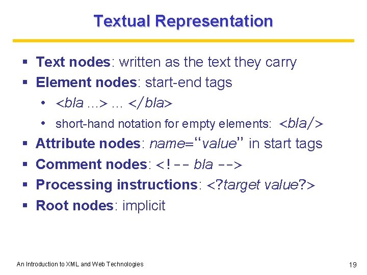 Textual Representation § Text nodes: written as the text they carry § Element nodes: Textual Representation § Text nodes: written as the text they carry § Element nodes: