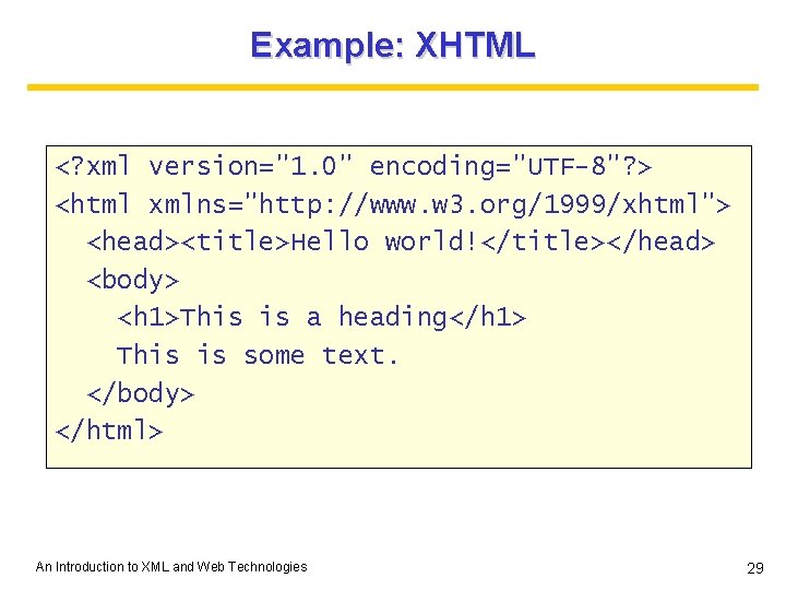 Example: XHTML <? xml version="1. 0" encoding="UTF-8"? > <html xmlns="http: //www. w 3. org/1999/xhtml"> Example: XHTML <? xml version="1. 0" encoding="UTF-8"? > <html xmlns="http: //www. w 3. org/1999/xhtml">