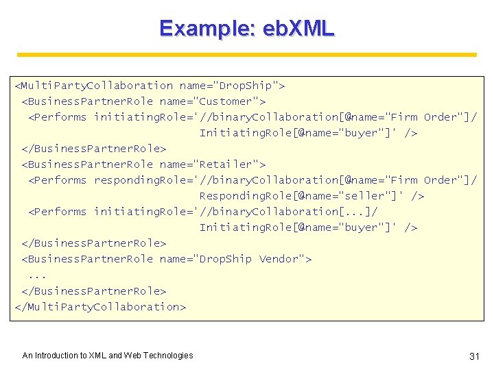 Example: eb. XML <Multi. Party. Collaboration name="Drop. Ship"> <Business. Partner. Role name="Customer"> <Performs initiating. Example: eb. XML <Multi. Party. Collaboration name="Drop. Ship"> <Business. Partner. Role name="Customer"> <Performs initiating.