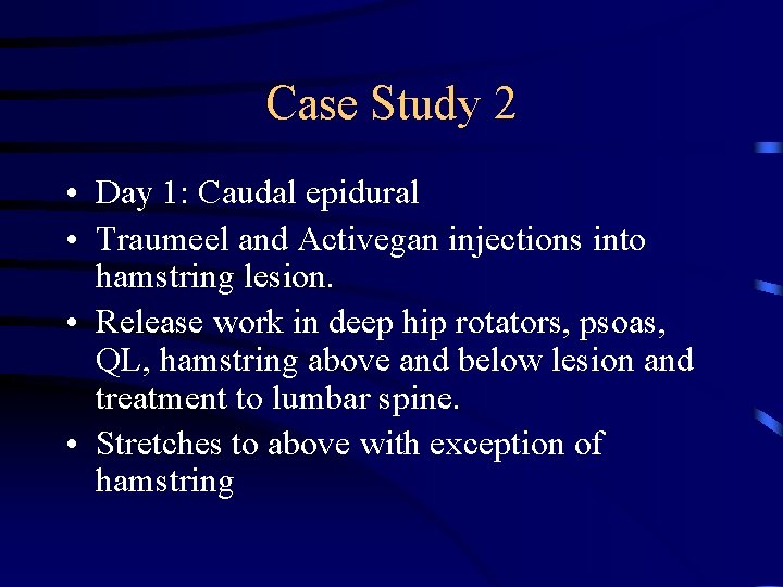 Case Study 2 • Day 1: Caudal epidural • Traumeel and Activegan injections into