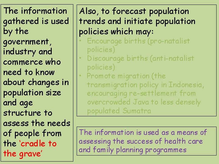 The information gathered is used by the government, industry and commerce who need to