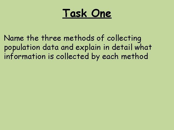Task One Name three methods of collecting population data and explain in detail what