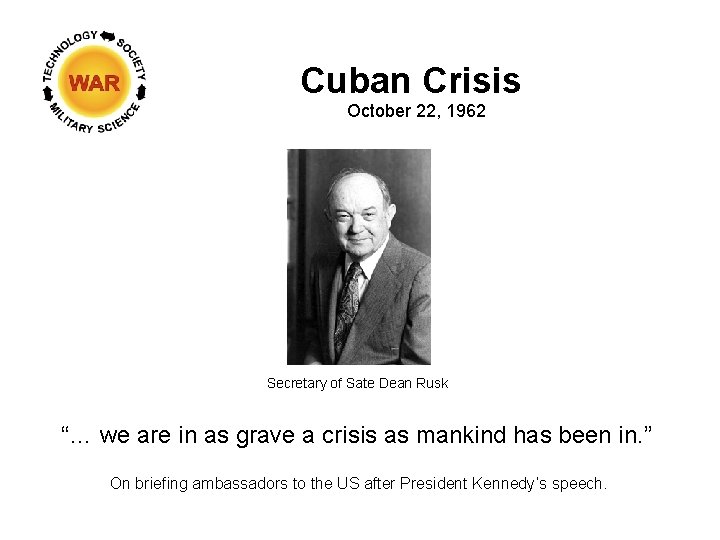 Cuban Crisis October 22, 1962 Secretary of Sate Dean Rusk “… we are in