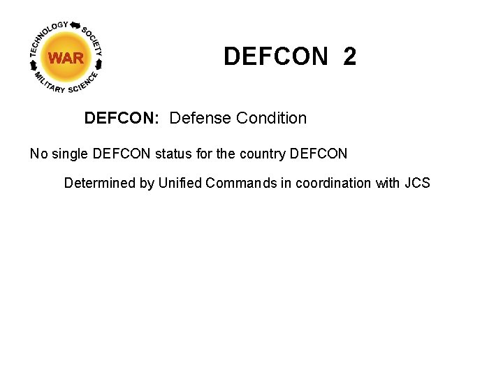 DEFCON 2 DEFCON: Defense Condition No single DEFCON status for the country DEFCON Determined